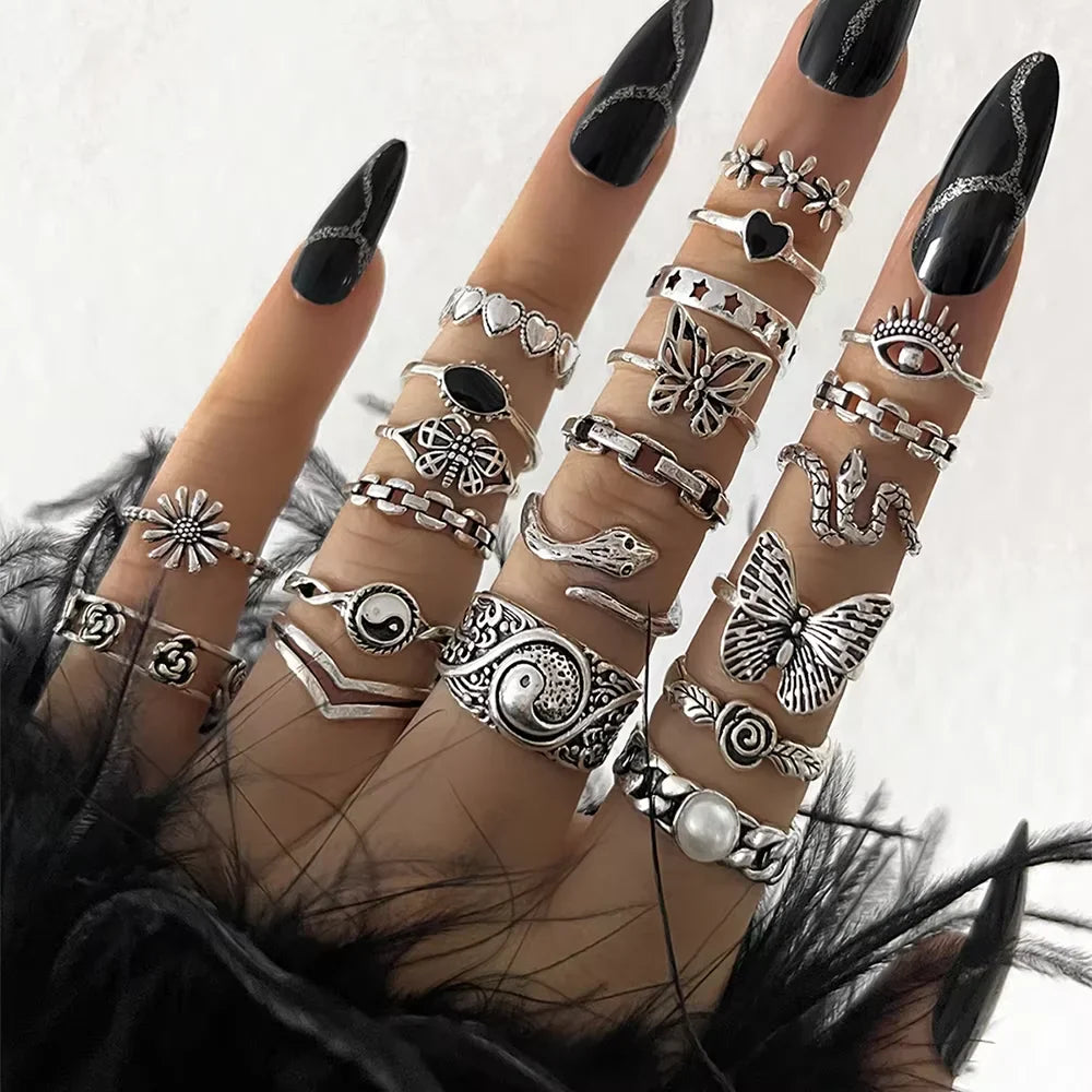 21 Pcs Gothic Rings Set for Women Trendy Punk Snake Butterfly Evil Eye Jewelry Gifts