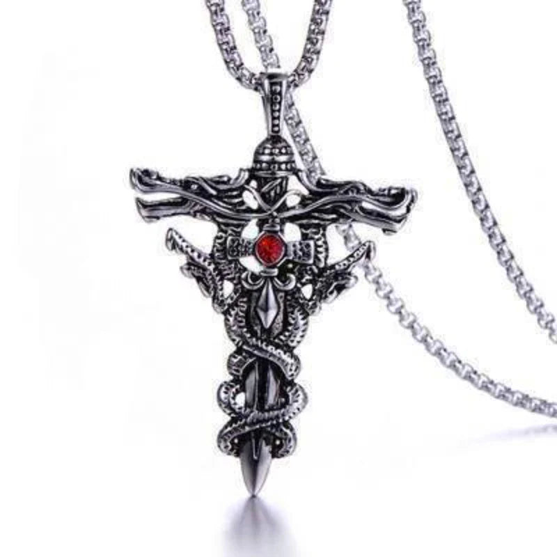 Punk Fashion Titanium Steel Necklace with Double Dragon Sword Pendant and Evil Eye Cross for Men