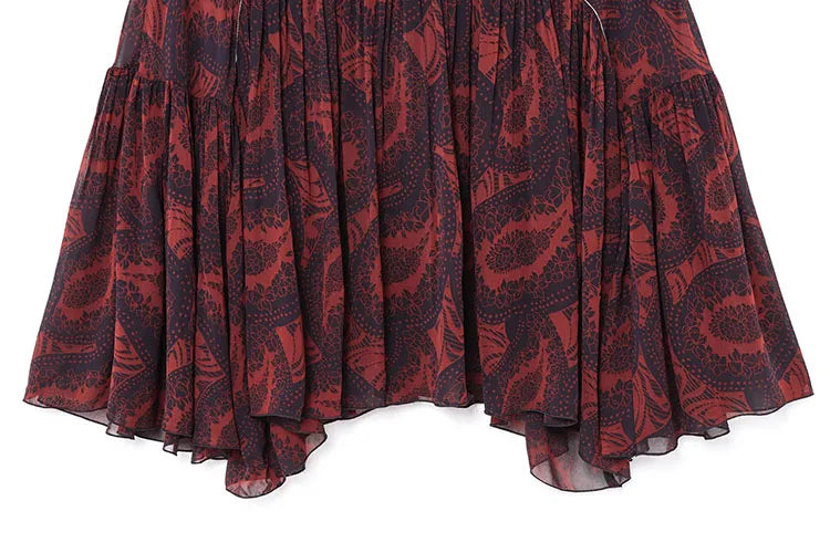 Women's Spring Printed Midi Skirt Two-Piece Set with Casual Folded Silk Texture Shirt and High Waist Skirt