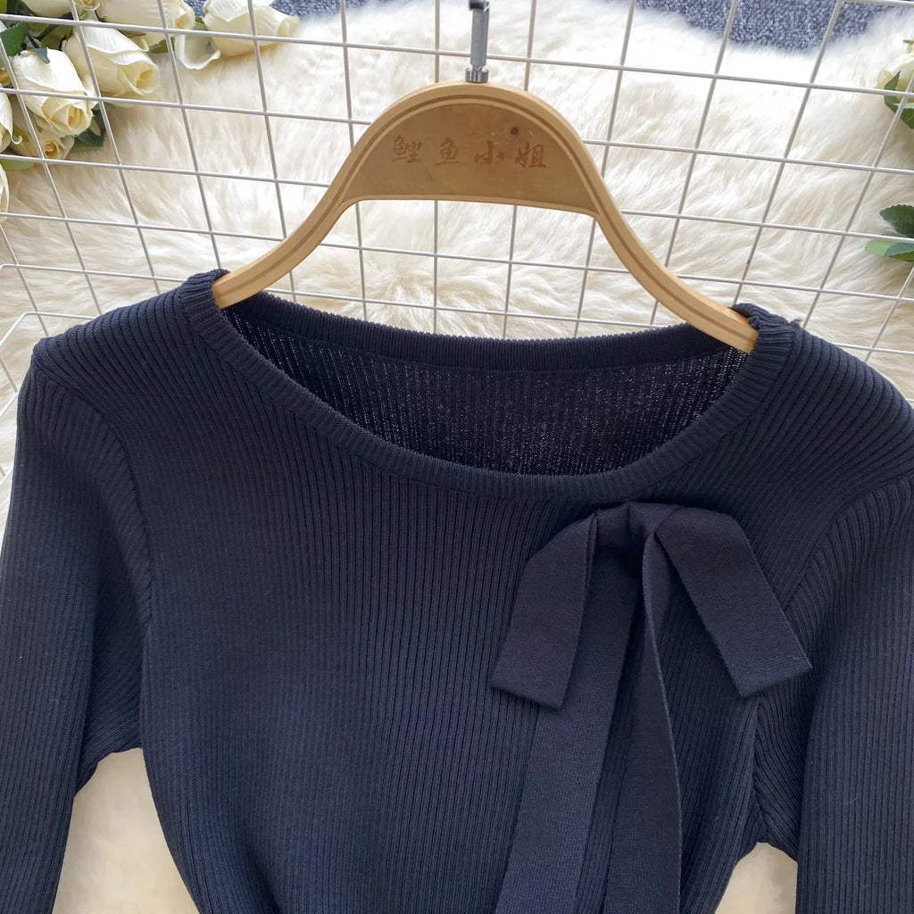 Knitted Short Dress With O Neck Bow Bodycon Chic Style