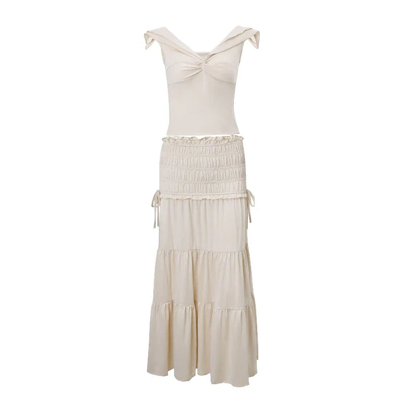 Elegant Slash-Neck Knit Twist T-Shirt and Vintage Slim Ruffle Cake Skirt Two-Piece Set for Women with French-Inspired Soft Feminine Design