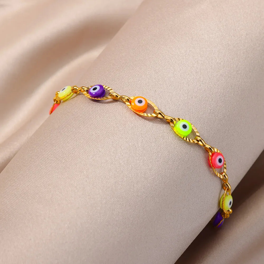 Gothic Rainbow Evil Eye Bracelet for Women Stainless Steel Gold Color Turkish Charm Chain Jewelry
