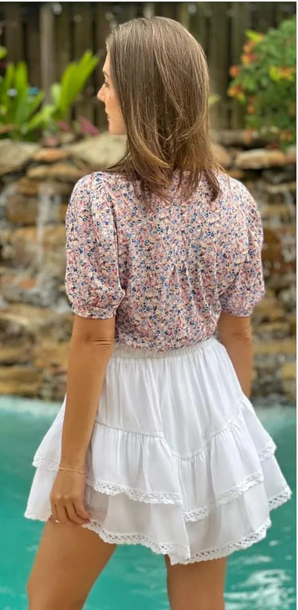 Women's V-Neck Short Sleeve Pleated Waist Printed T-Shirt Lightweight Breathable Summer Top with Elegant Office Style and Comfortable Fit