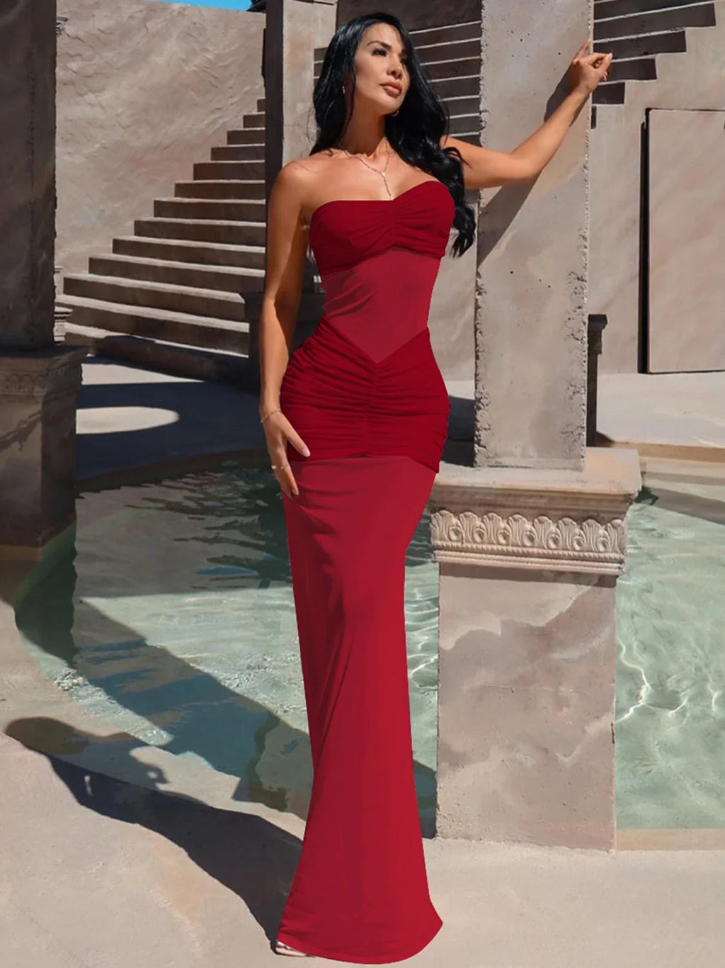 Backless Maxi Dress Sleeveless Bodycon Ruched Mesh Elegant