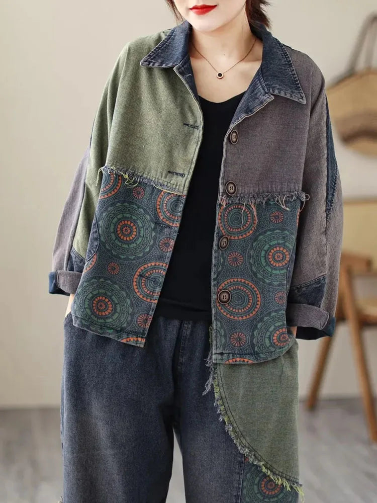 Womens Vintage Denim Two Piece Set with Printed Jacket and Casual Jeans