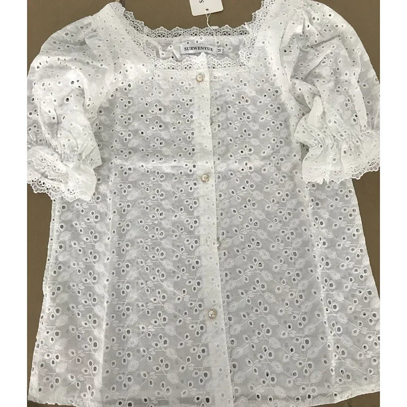 Elegant White Lace Blouse for Women Short Sleeve Square Collar Hollow Out Summer Shirt Chic and Breathable Feminine Top