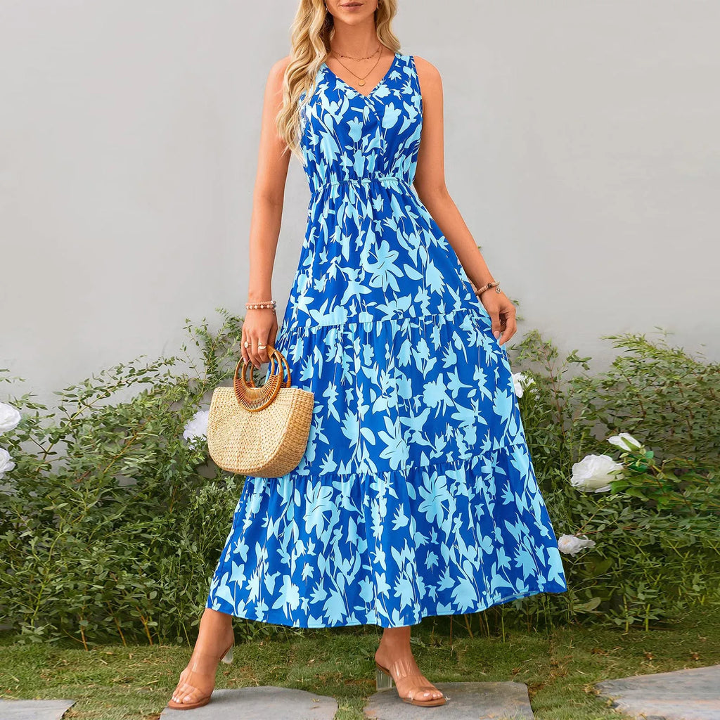 Floral Summer Dress With V Neck Suspender Flowing Fit