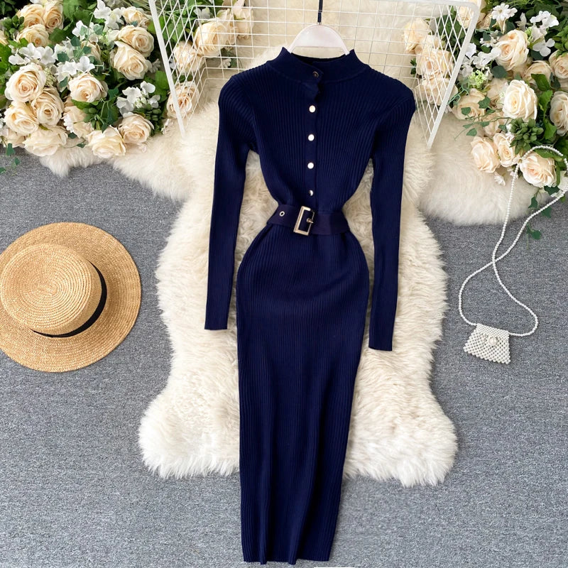 Womens Winter Knitted Dress Stand Collar With Sash Belt