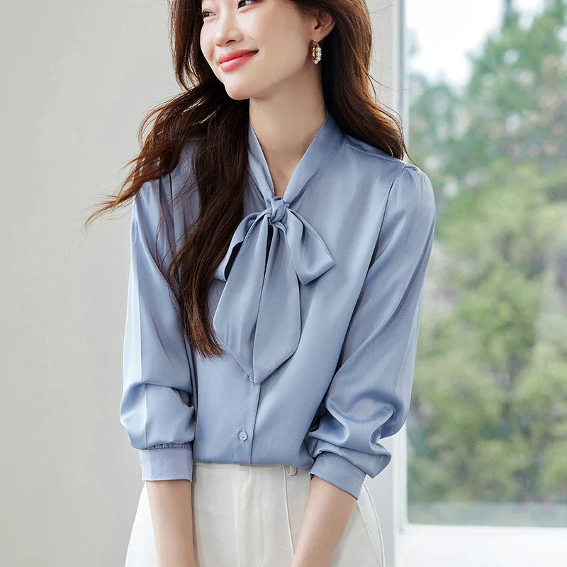 Elegant Women's Long Sleeve Blouse with Bow Collar Casual Loose Fit White Office Shirt Top