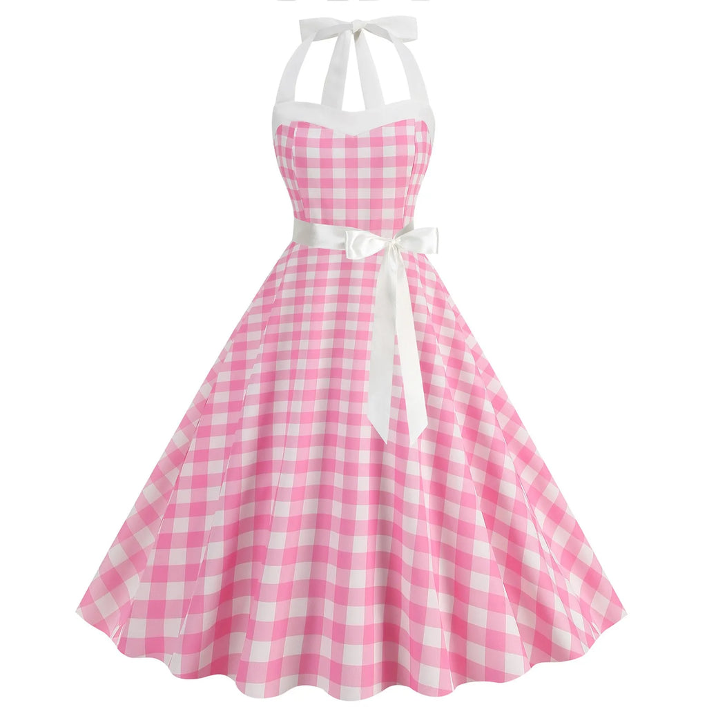 Ladies Vintage Polka Dot Backless Lace Up Swing Dress