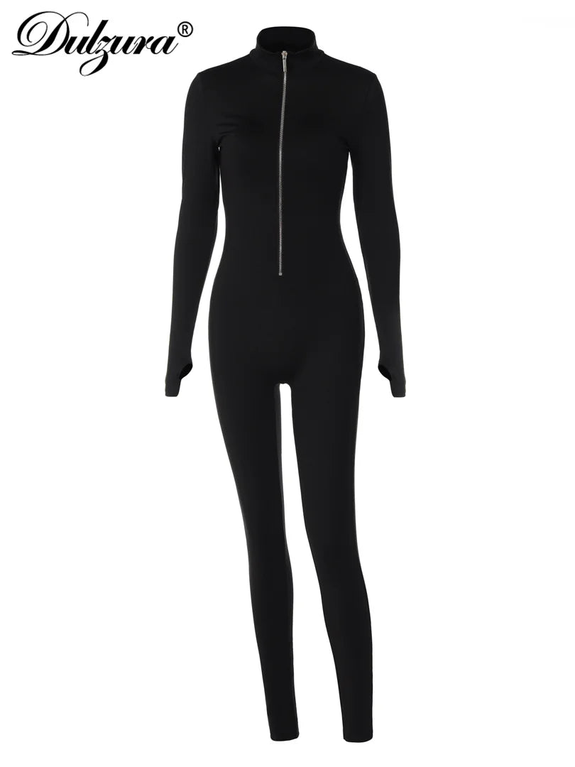 Long Sleeve Zipper Bodycon Jumpsuit Solid Color Casual Sexy Romper Club Streetwear for Autumn and Winter