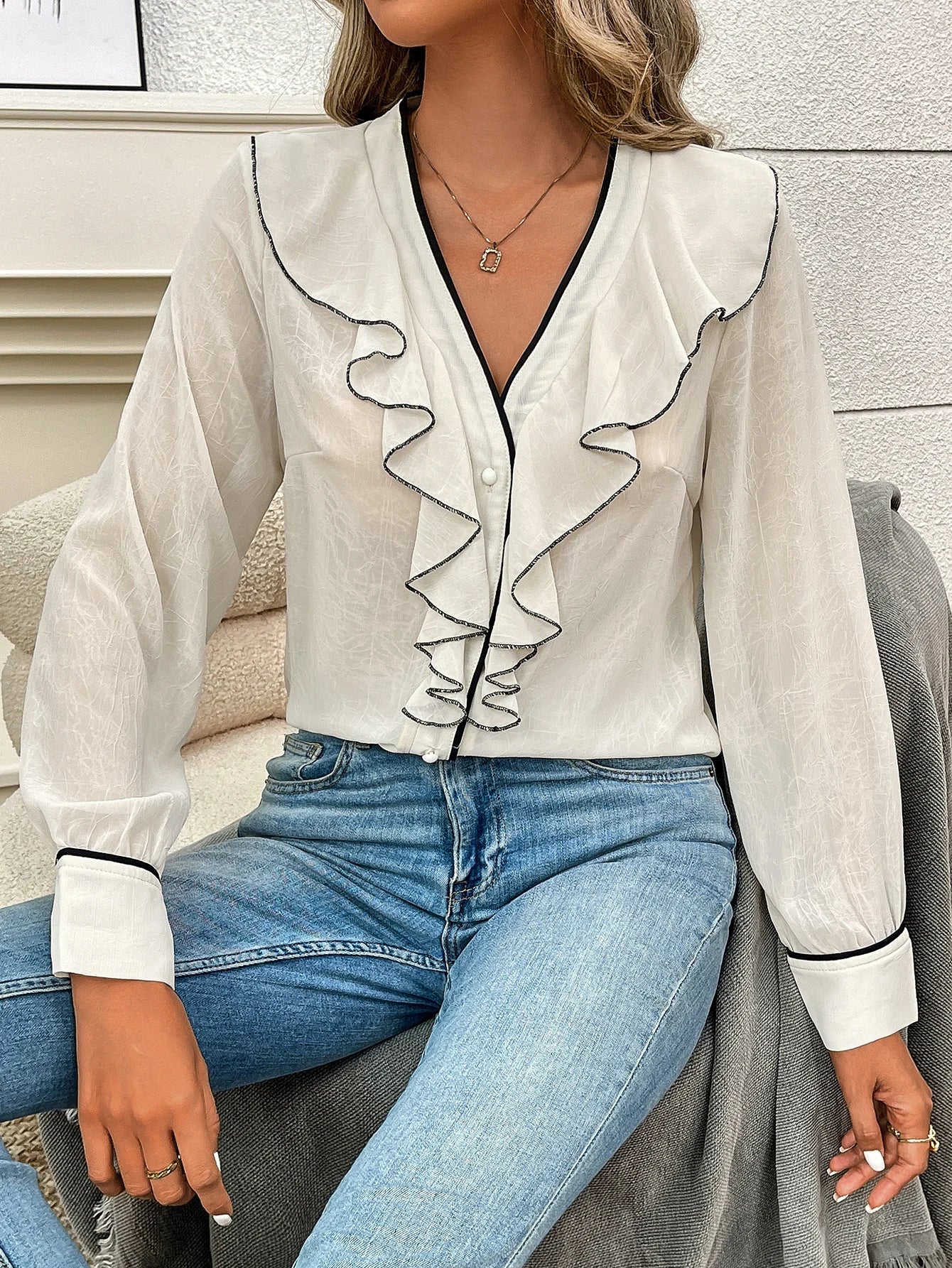 Women's Elegant Lotus Leaf Lace V Neck Sheer Transparent Blouse Sexy Fashion Top