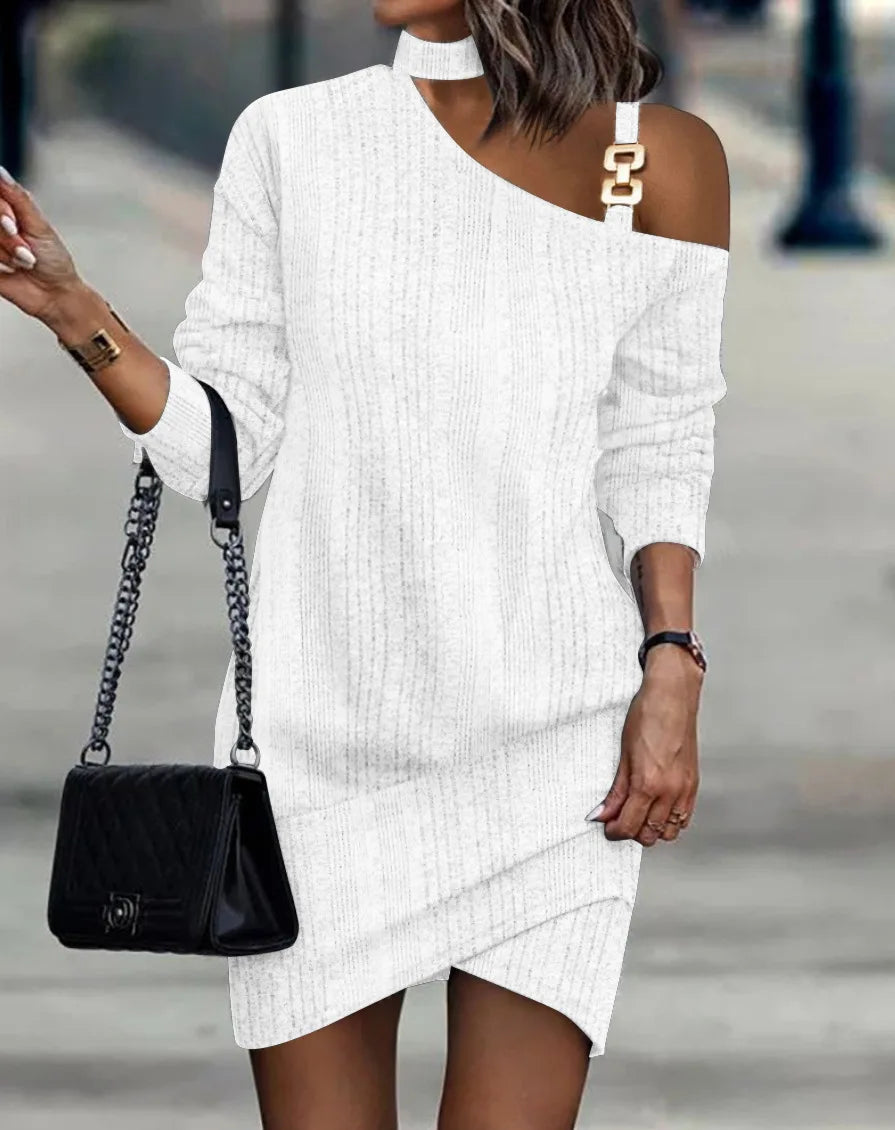 Casual A Line Dress With Chain Decor Long Sleeve Mini