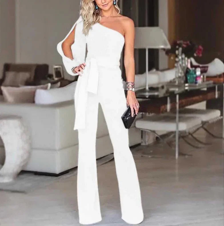 Women's High Waist Tie-Up Slim Fit Solid Color Jumpsuit with Slant Shoulder Elegant Design for Banquet and Evening Wear