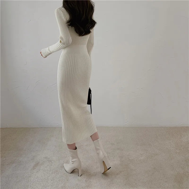 Knit Sweater Dress For Women V Neck Maxi With Buttons