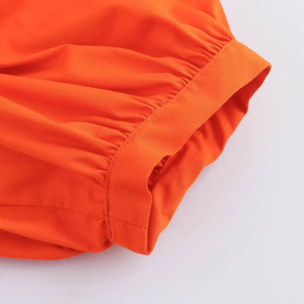 Orange Puff Sleeve Mini Dress With Bow Belt For Women