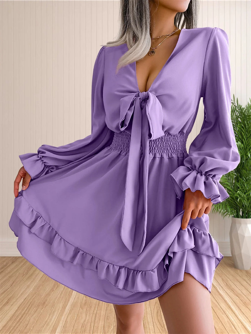 Womens V Neck Knot Front Smocked Waist Tiered Skater Dress