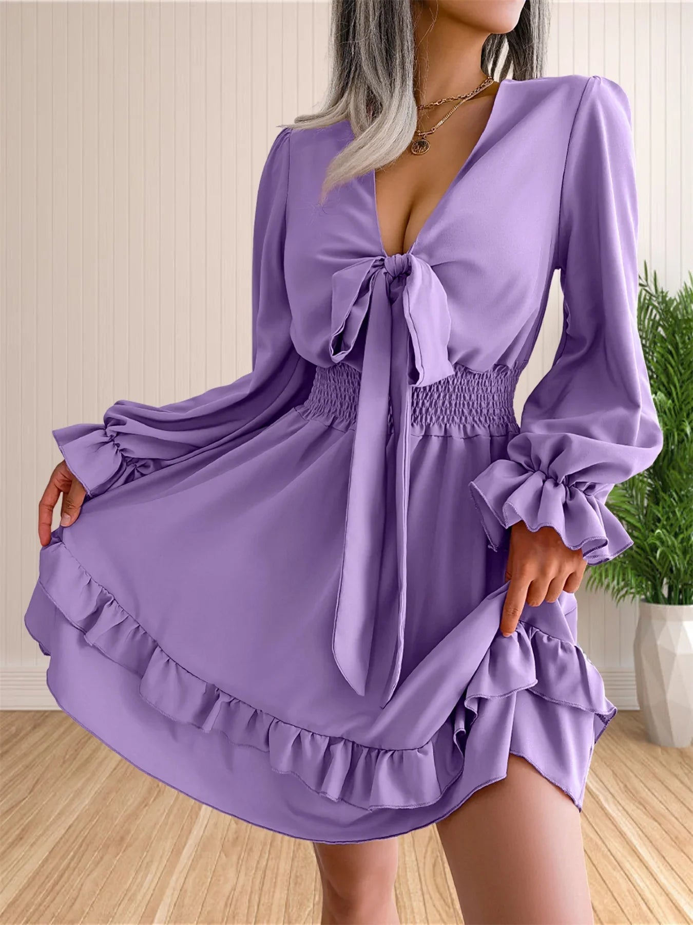 Womens V Neck Knot Front Smocked Waist Tiered Skater Dress