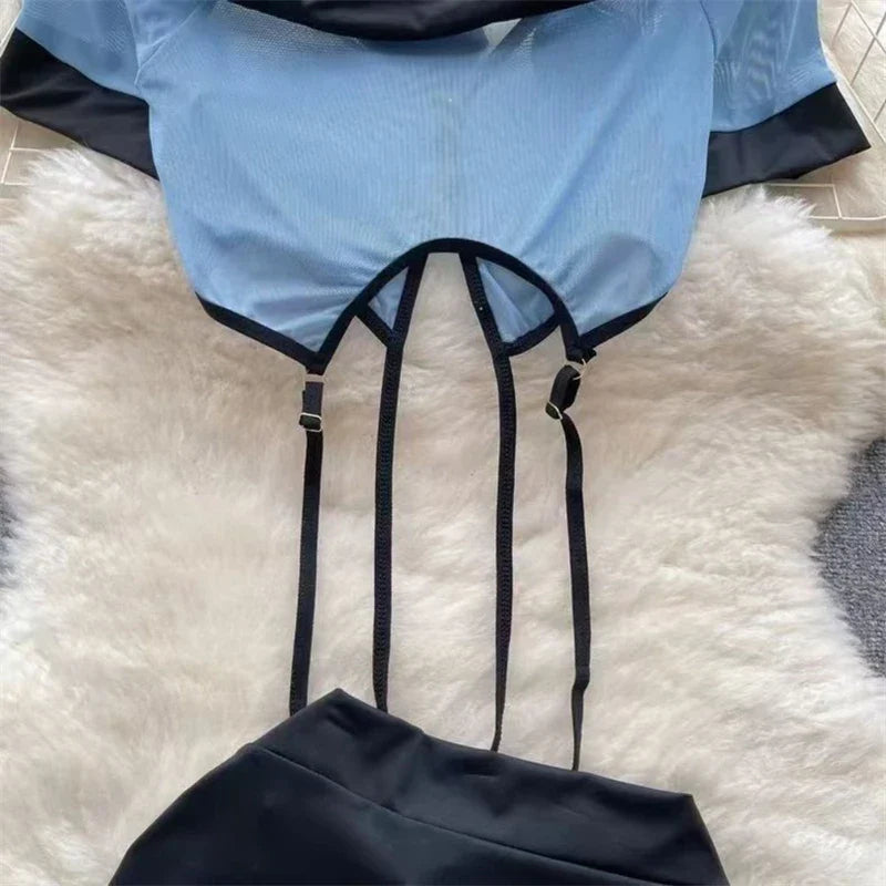 Women Preppy Sexy Uniform Set Sheer V Neck Top Lace Up Mini Skirt Hollow Out Thong Lingerie Cosplay Costume