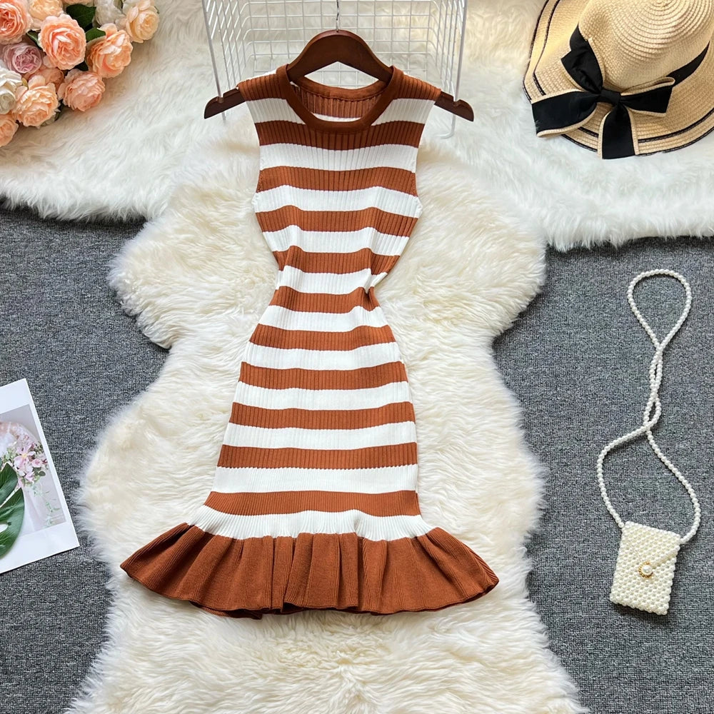 Ruffled Striped Knit Mini Dress For Summer Party Look