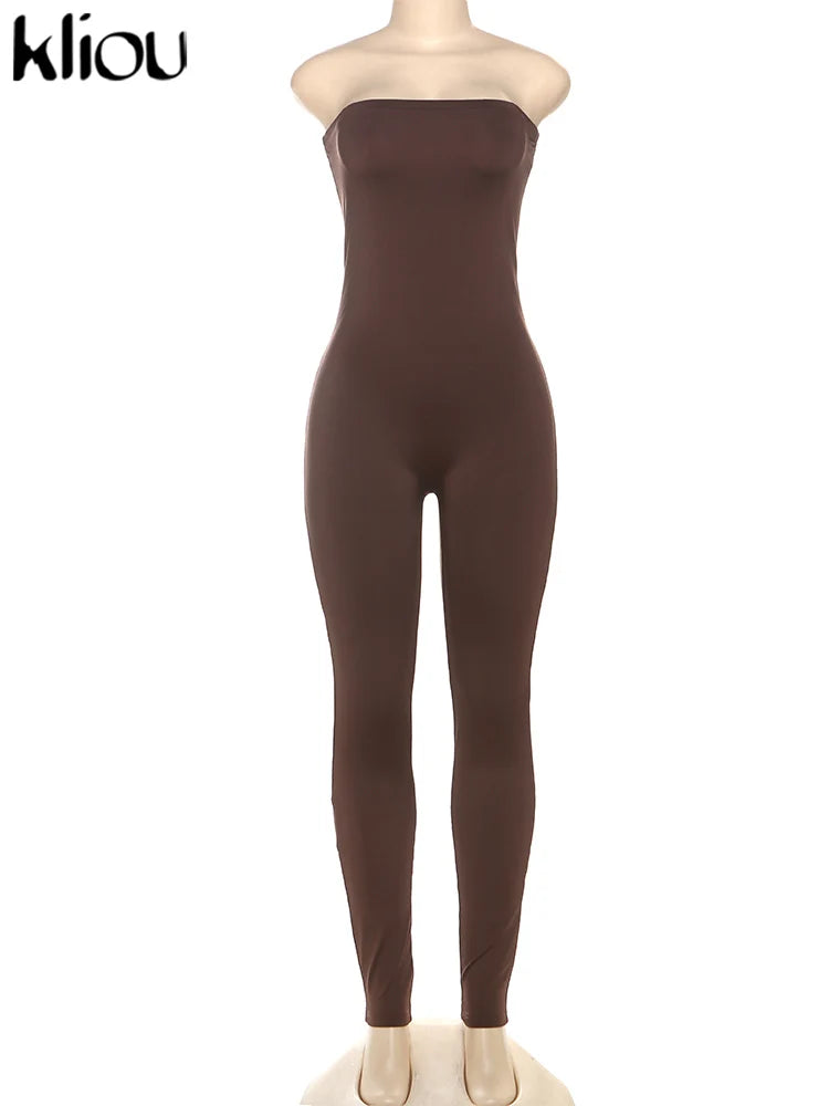 Strapless Casual Women Jumpsuit Slim Sleeveless Elastic Waist Solid Color Overalls Chic Daily Activewear