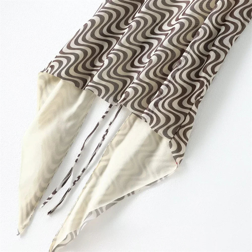 Women's Silk Screen Print Hanging Neck Open Back Top with High Waist Slimming Skirt Set Summer Fashion Two-Piece Outfit