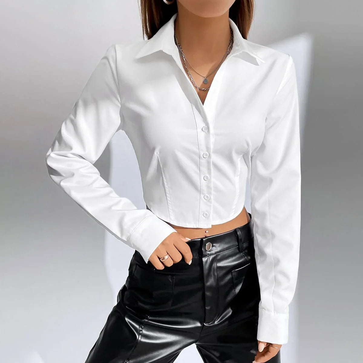 Women's Casual Solid Color Button Front Crop Shirt with Long Sleeves and Short Hem