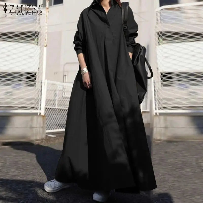 Womens Long Sleeve Maxi Dress With Button Front Pockets