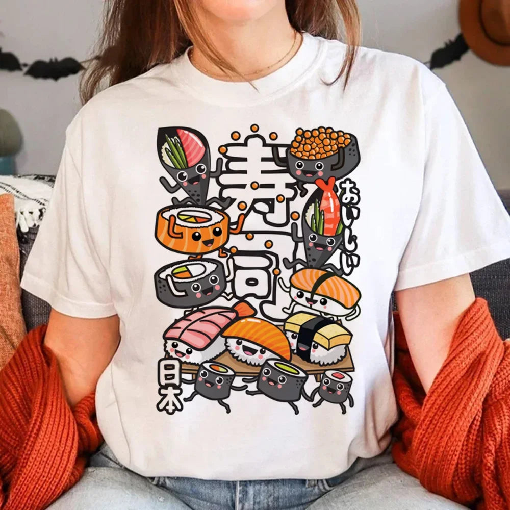 Sushi T-Shirt for Women Summer Manga Graphic Tees Casual Wear