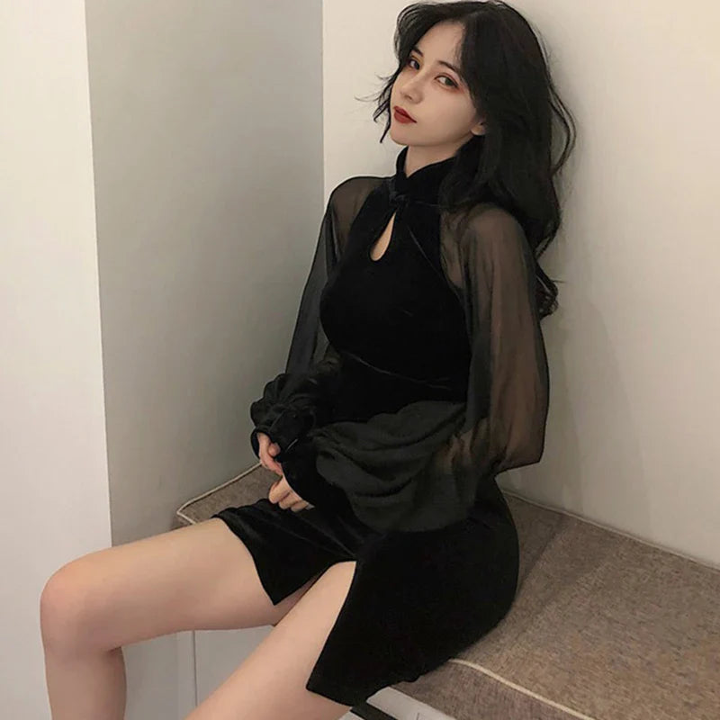 Velvet Qipao Dress With Lantern Sleeves Side Split Mini