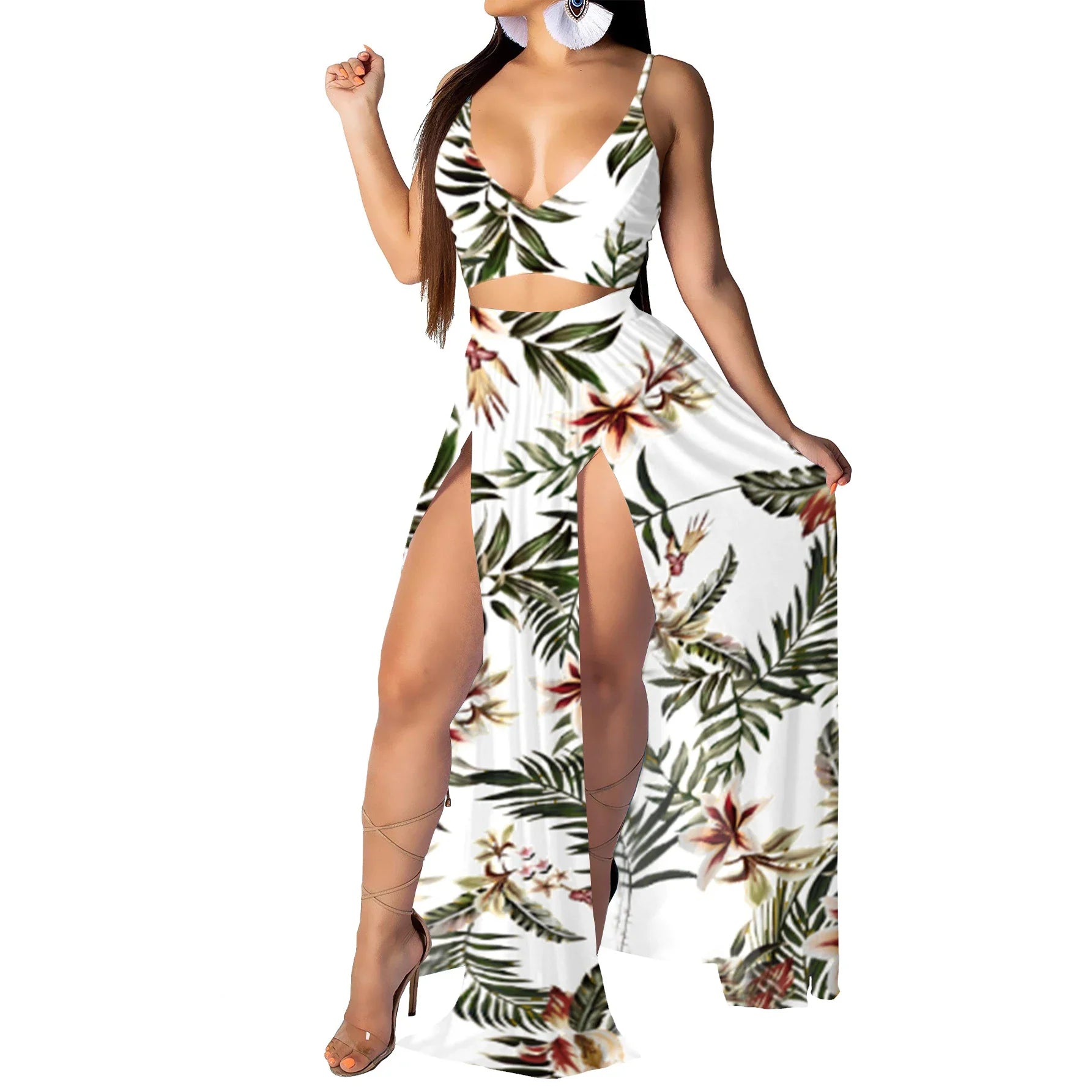 Bohemian Floral Two Piece Set V Neck Beach Dress for Women