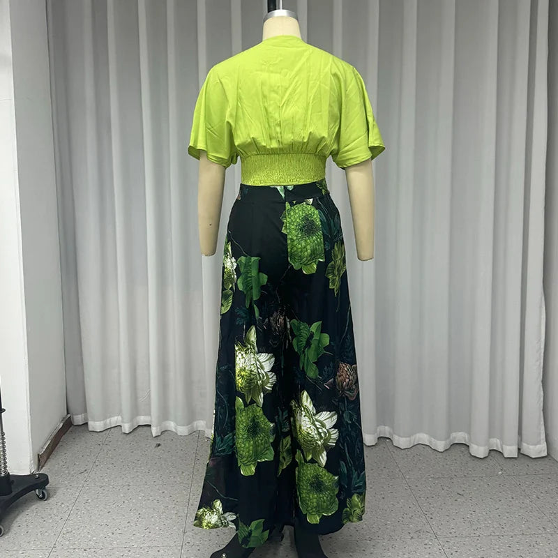 Casual Solid V Neck Short Sleeve Pullover Top and Wide Leg Pant Set for Women