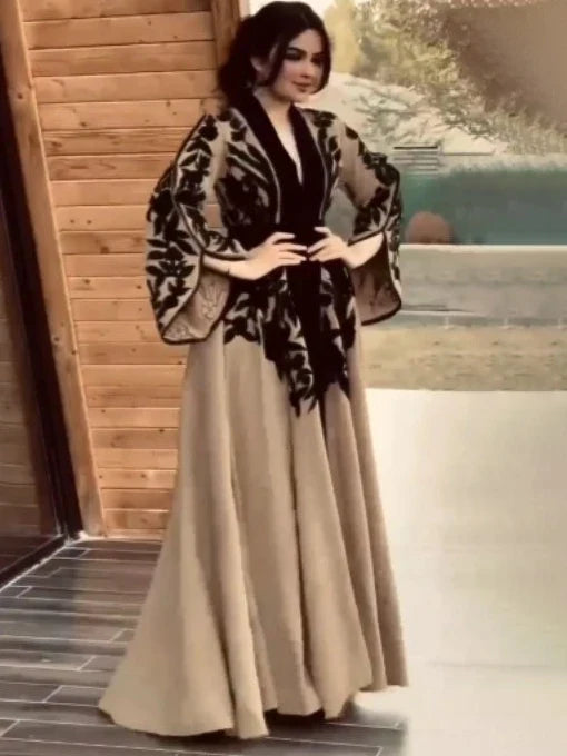 Muslim Maxi Dress With Flared Sleeves And V Neck For Women