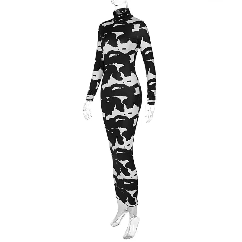 Cow Print Maxi Dress Long Sleeve Turtleneck Bodycon Party