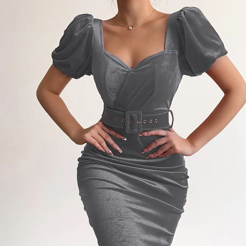Velvet Wrapped Dress With Low Neck Bubble Sleeves Chic