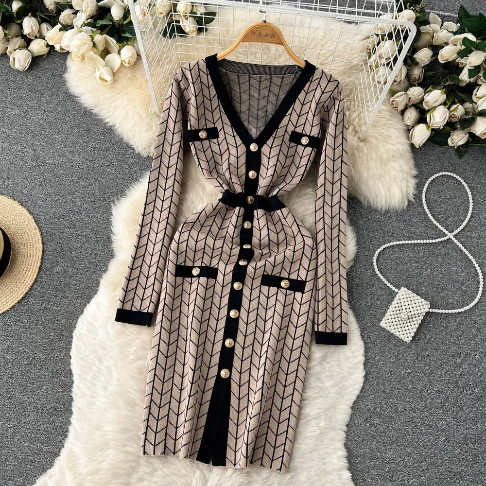 Autumn Plaid Knit Dress Women V Neck Elastic Waist Midi