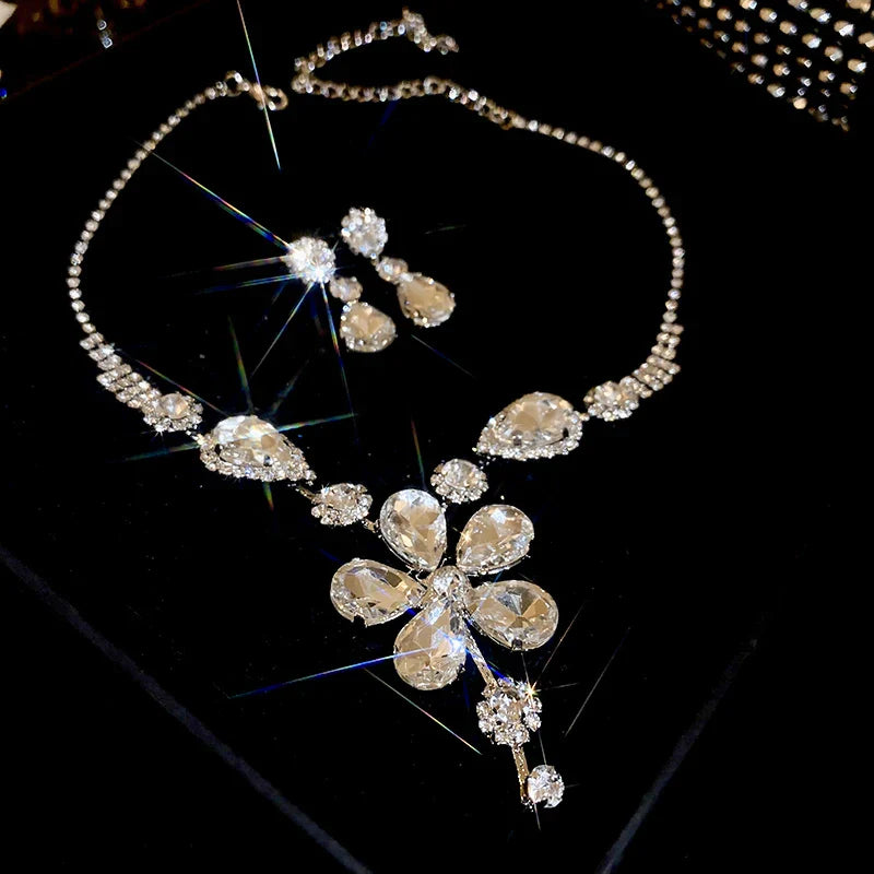 Large Water Drop Rhinestone Necklace and Earrings Set for Women Bridal Wedding Party Jewelry