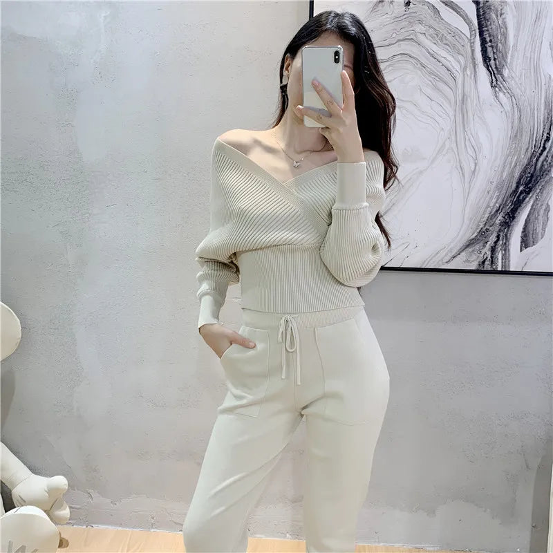 Elegant Ribbed Knitted Two Piece Tracksuit Set for Women with Backless Top and Long Harem Pants