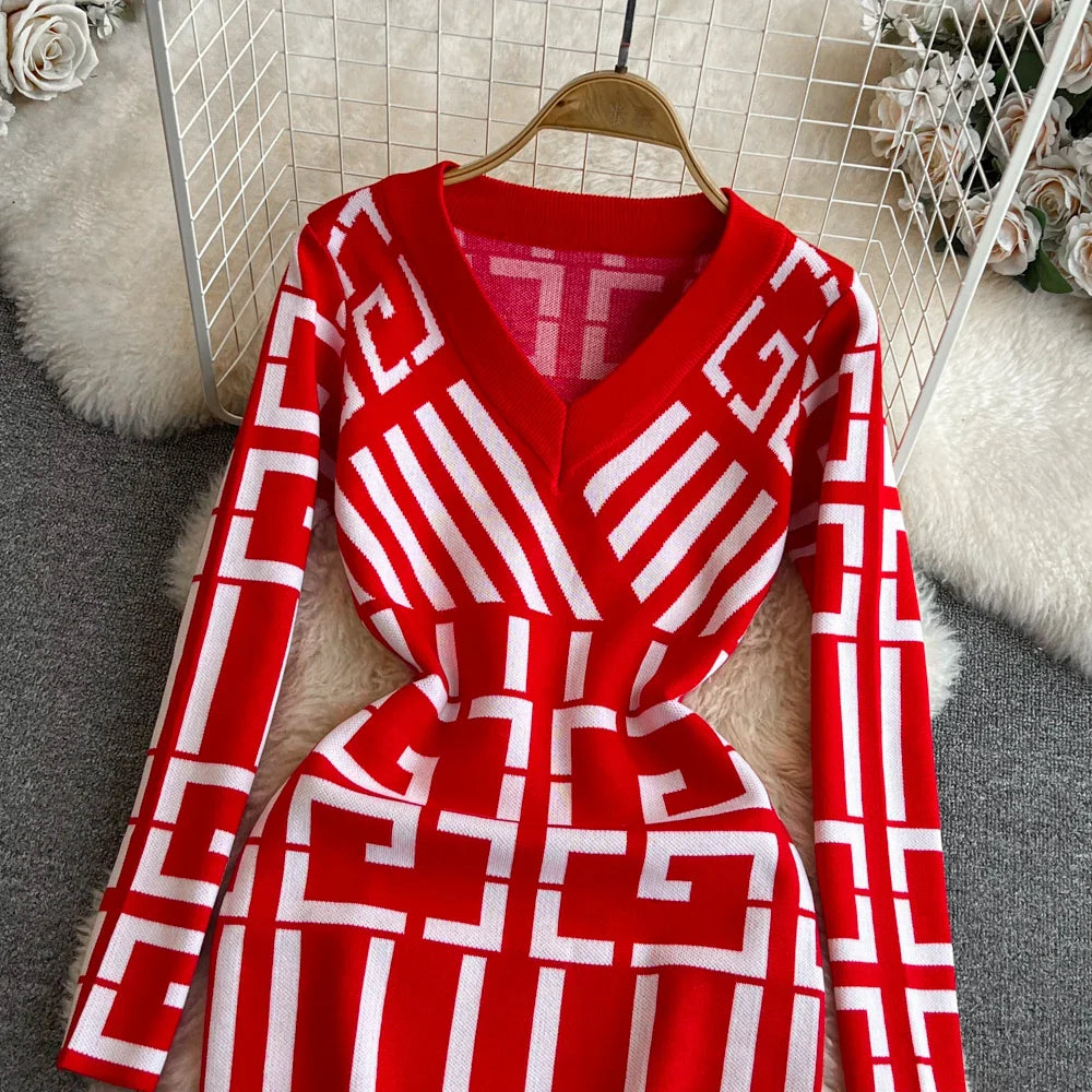 Geometric Knitted Bodycon Dress for Autumn Winter Women
