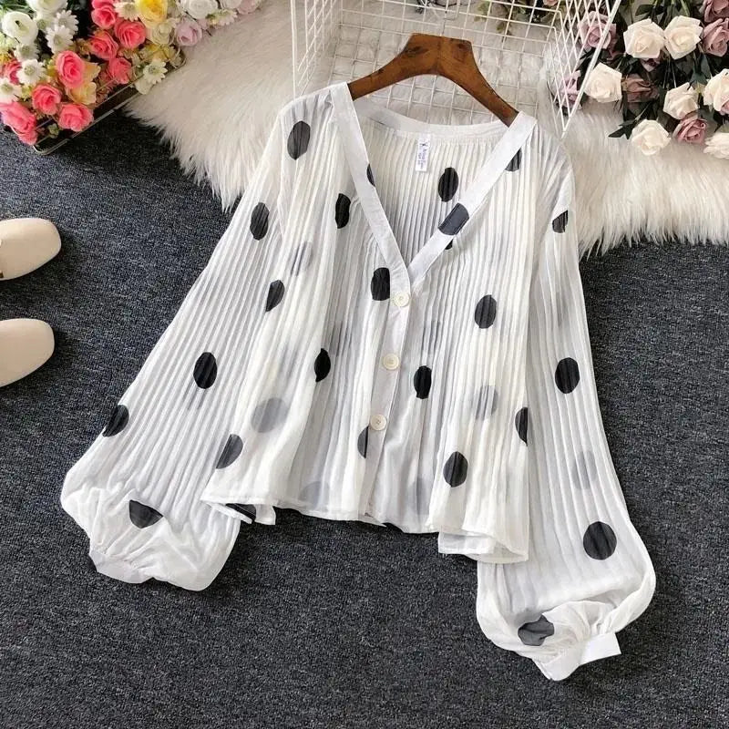 Polka Dot Casual V-Neck Chiffon Blouse with Single Breasted Button and Lantern Sleeve Folds Lightweight Women's Top