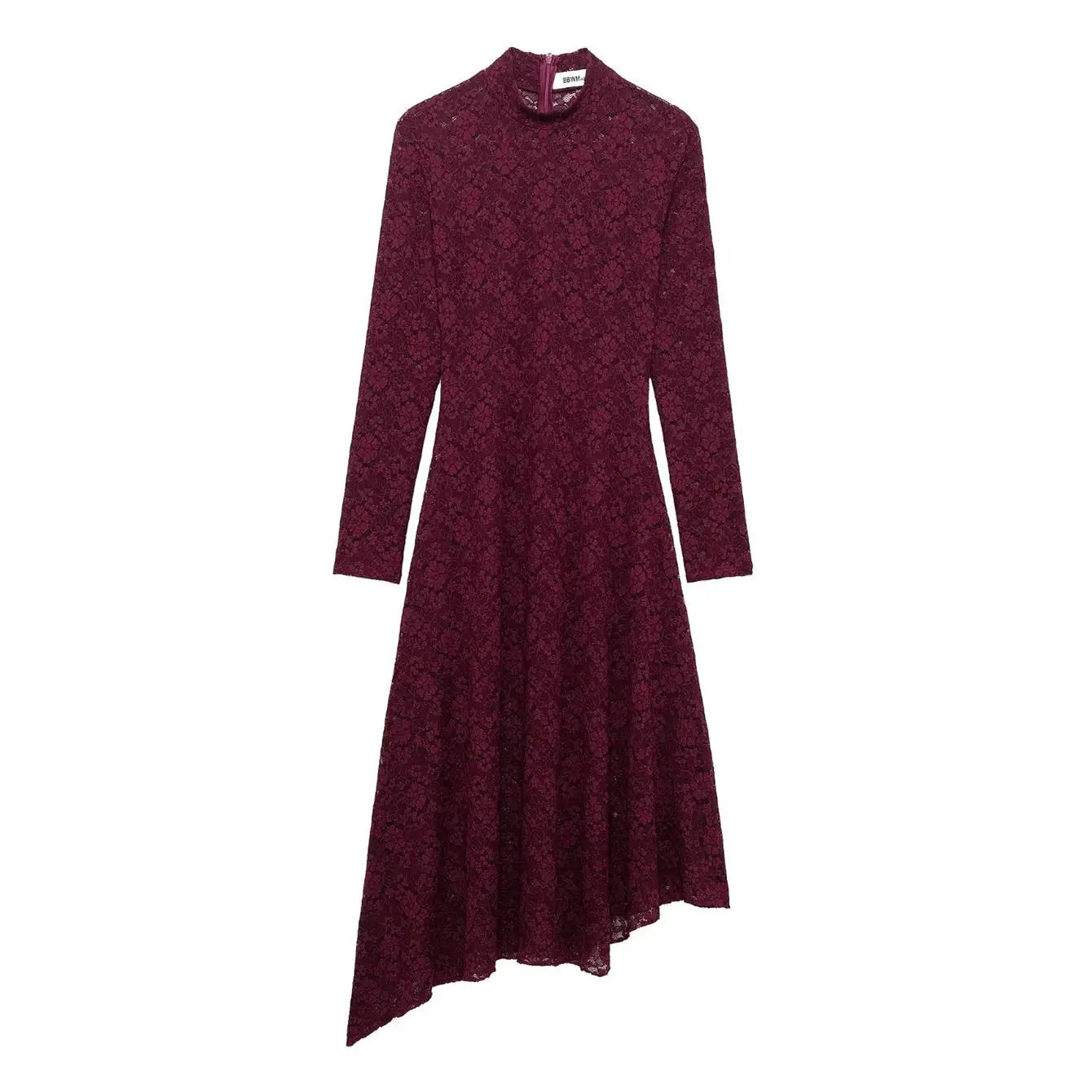 Lace Midi Dress Solid Hollow Out Asymmetric Long Sleeve
