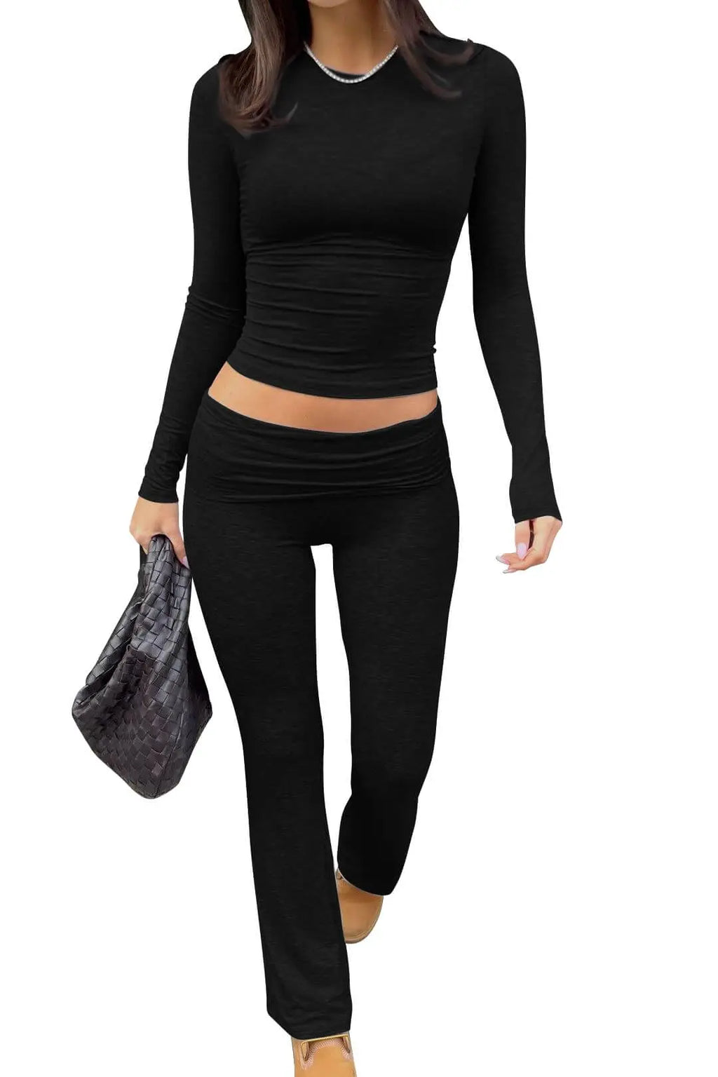 Casual Workout Two Piece Sets for Women Short Sleeve Crop Top and High Waist Flare Pants Tracksuit