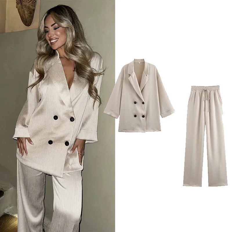 Pajama Style Women's Two Piece Set with Double-Breasted Satin Blazer and Lace Up Creased-Effect Trousers for Spring Fashion