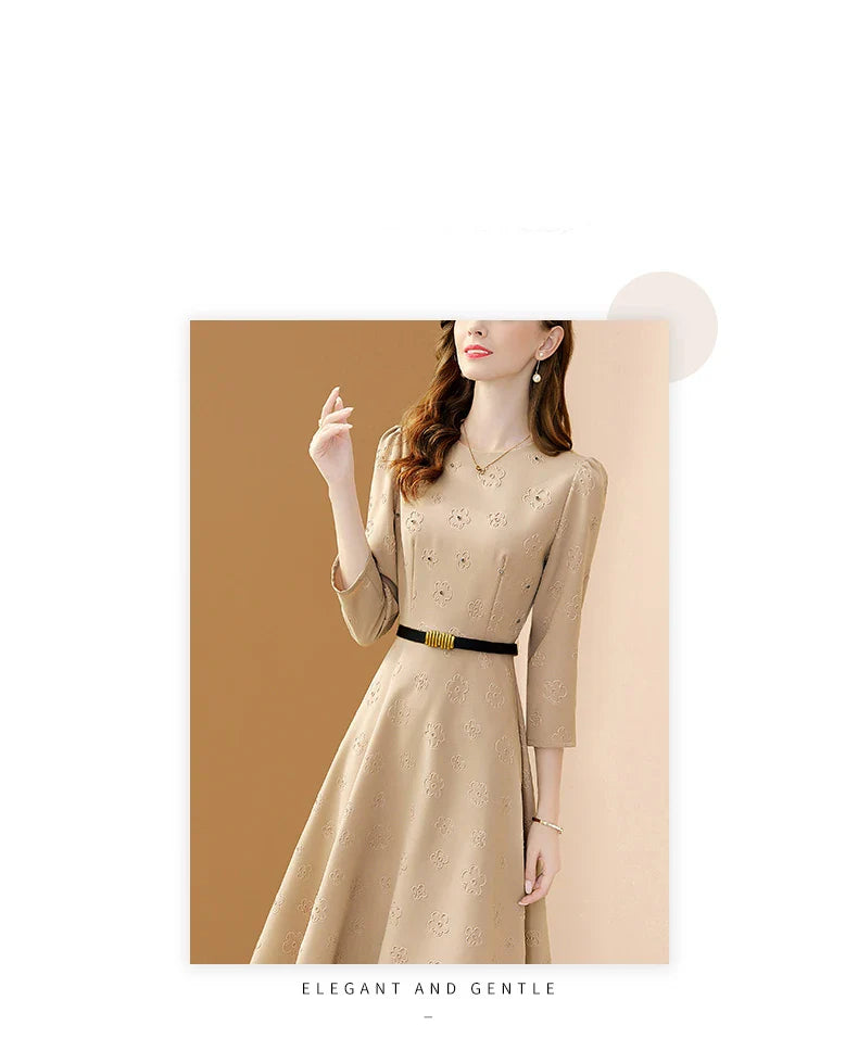 Floral Embroidered Belt Dress for Women O Neck A Line