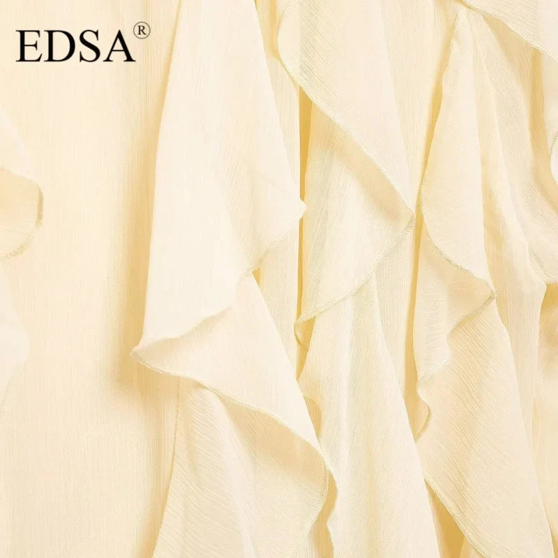 Semi-Sheer Ruffle V-Neck Blouse for Women Long Sleeve Button-Up Lightweight Spring Summer Top