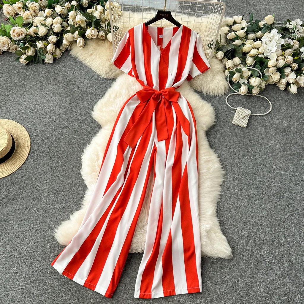 Sleeveless V Neck Stripe Jumpsuit for Women with Lace Up Bow Detail Summer Long Romper High Street Korean Inspired Style