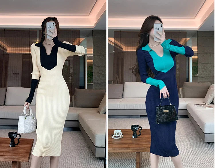 Korean Style Knit Dress Long Sleeve Color Block Lace