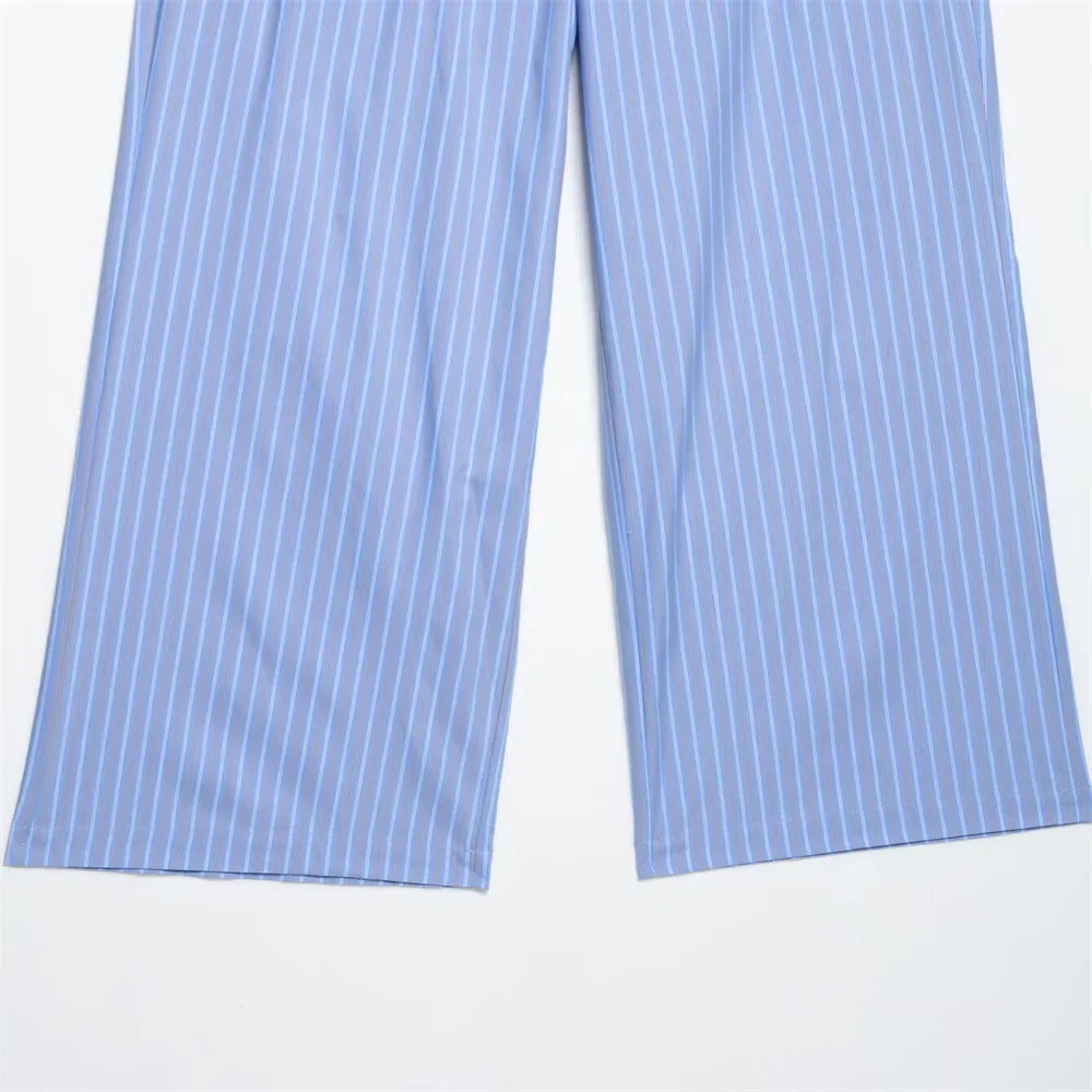 Womens Light Blue Pinstripe Suit Set with Sleeveless Asymmetric Vest and Wide Leg Pants for Stylish Office Attire