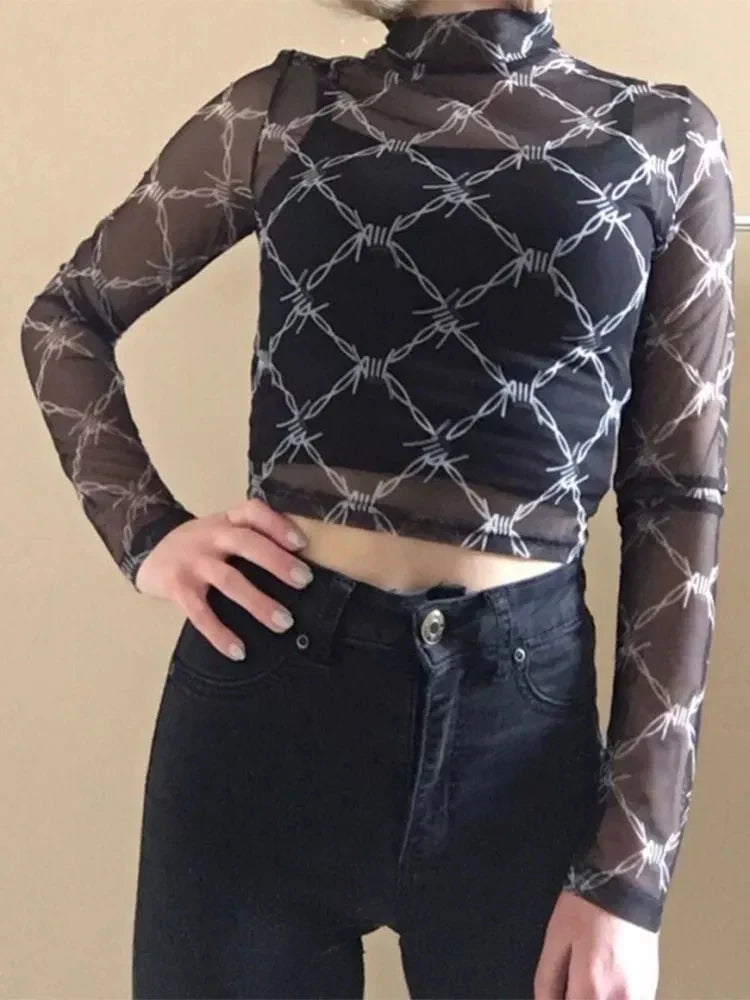Mesh Long Sleeve Crop Top for Women with Chain Print Vintage Streetwear Fishnet Design