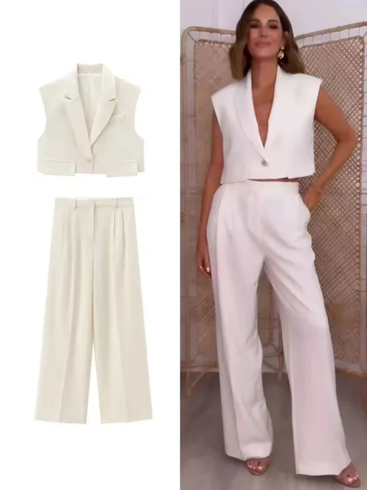 Women Chic Cropped Vest Pants Suit with Lapel and Single Button High-Waist Zip Straight-Leg Trousers Set